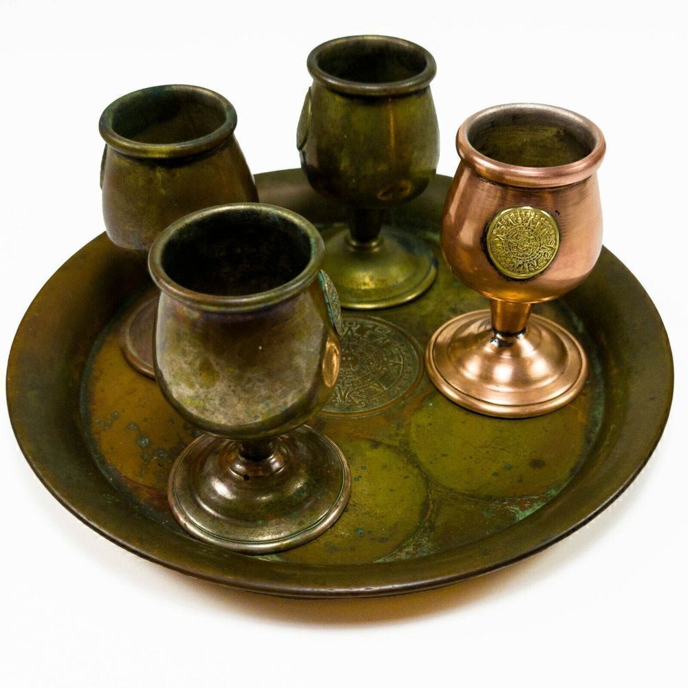 VINTAGE COPPER SET 4/6 CORDIAL SHOT GLASSES GOBLET TRAY MAYAN AZTEC CALENDAR